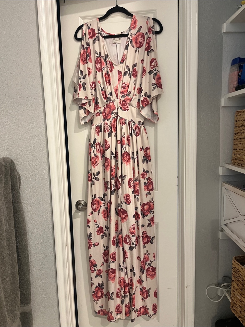 Joyfolie Cream Maxi Dress with Pink Rose Print